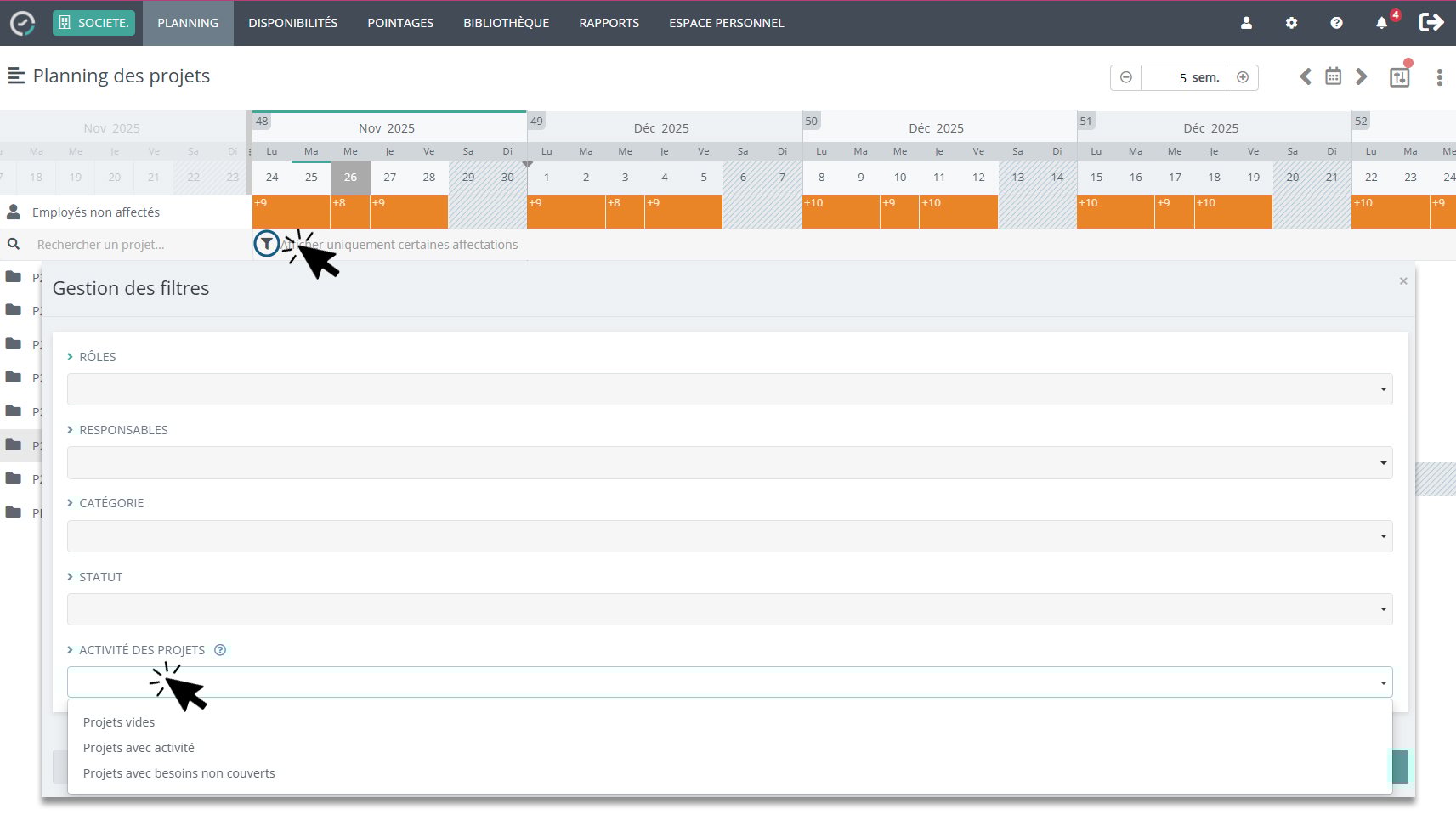 Filtre planning des projets